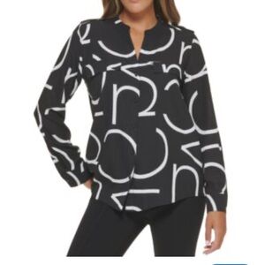 Calvin Klein Button Blouse black & white logo print long sleeves size medium
